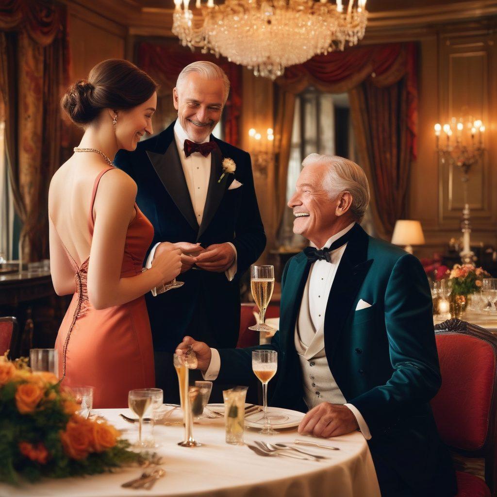 A luxurious scene depicting a confident woman in an elegant dress enjoying a fine dining experience with a distinguished older gentleman. The ambiance is filled with rich colors and opulent decor, suggesting upscale companionship. Surround them with subtle symbols of joy and adventure, like champagne, a city skyline at dusk, and a hint of laughter. Emphasize the warmth and connection between the two characters. super-realistic. vibrant colors. elegant atmosphere.