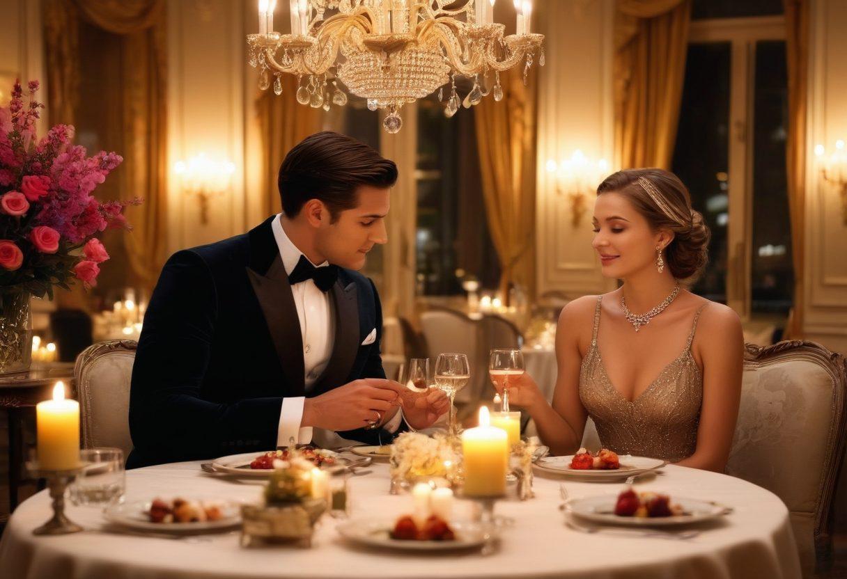 A luxurious setting depicting an elegantly dressed couple enjoying a lavish dinner, surrounded by sparkling chandeliers and soft candlelight. The scene should evoke a sense of joy and sophistication, with images of sweet treats like decadent desserts on the table. Incorporate symbols of companionship, such as intertwined hands and soft smiles. The overall atmosphere should be vibrant and inviting, enticing viewers to explore the delightful world of upscale relationships. super-realistic. vibrant colors. elegant ambiance.