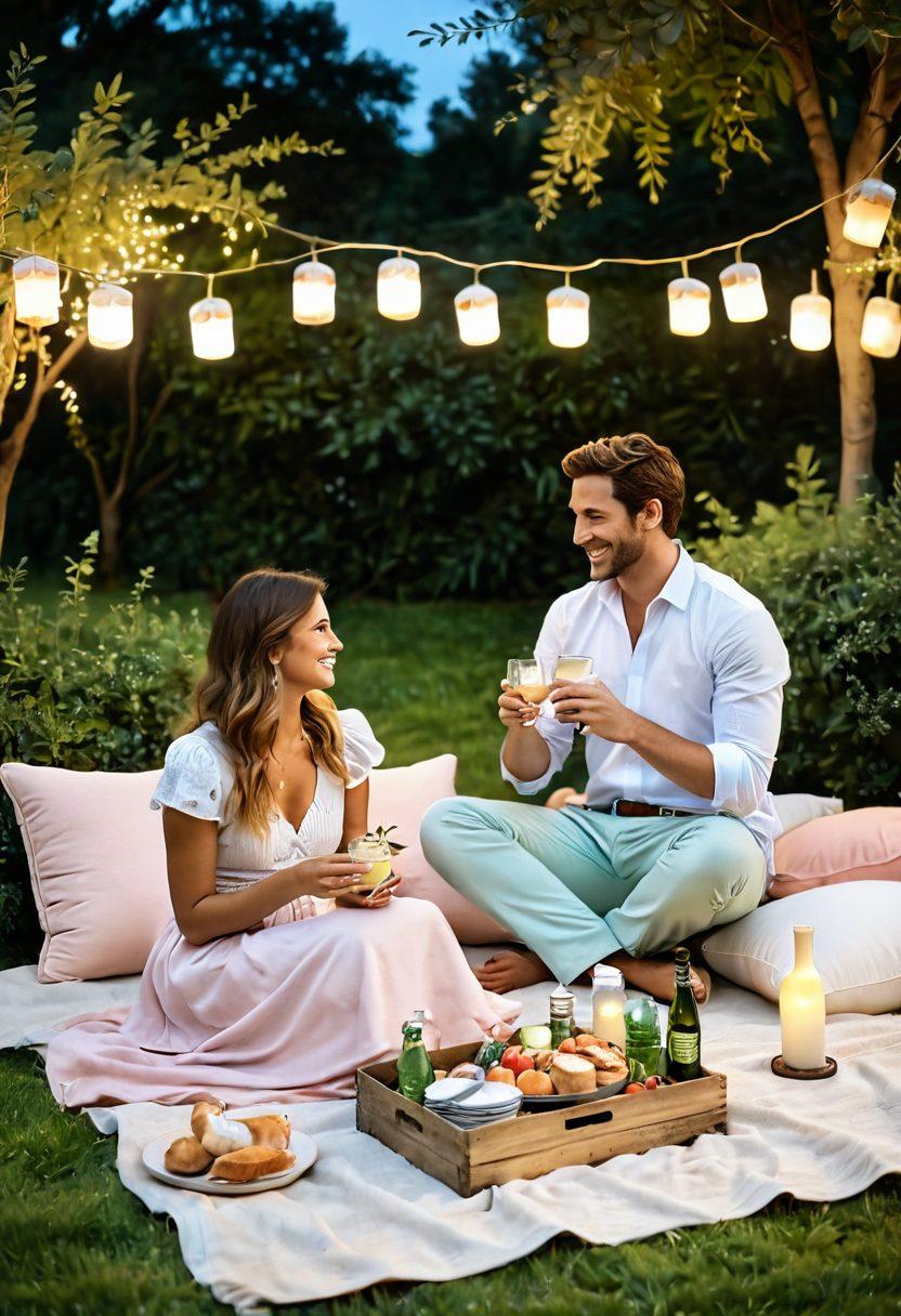 A serene, elegant outdoor setting with a lavish picnic spread featuring gourmet food and sparkling drinks, surrounded by lush greenery and soft, dreamy lighting. A diverse couple shares a cozy moment, laughing and enjoying each other's company, symbolizing the joy of affluent romantic connections. Soft pastel colors and romantic touches like lanterns and plush cushions enhance the atmosphere. vibrant colors. painting.